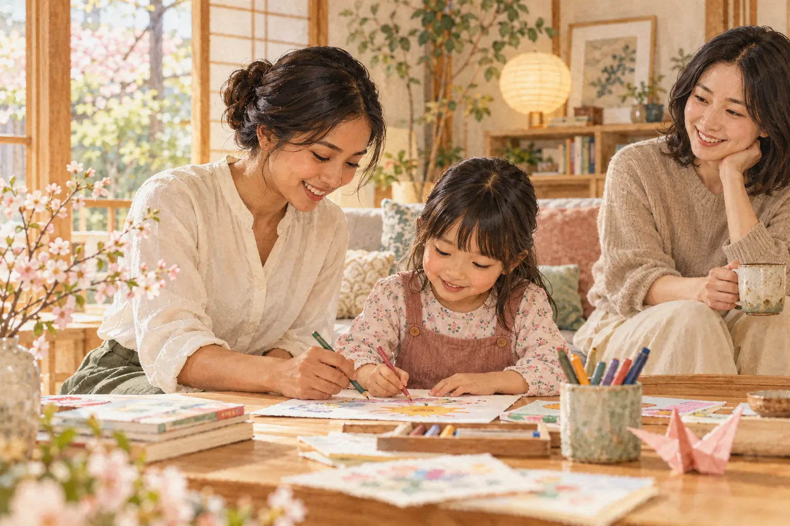 Illustration of Ana helping a child draw while a parent remains nearby.